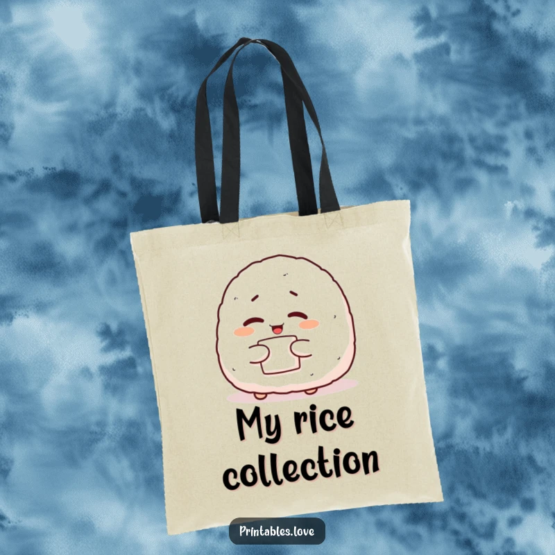 Funny onigiri tote bag with a giggling character winking with nori, perfect for carrying items with a playful and mischievous touch.
