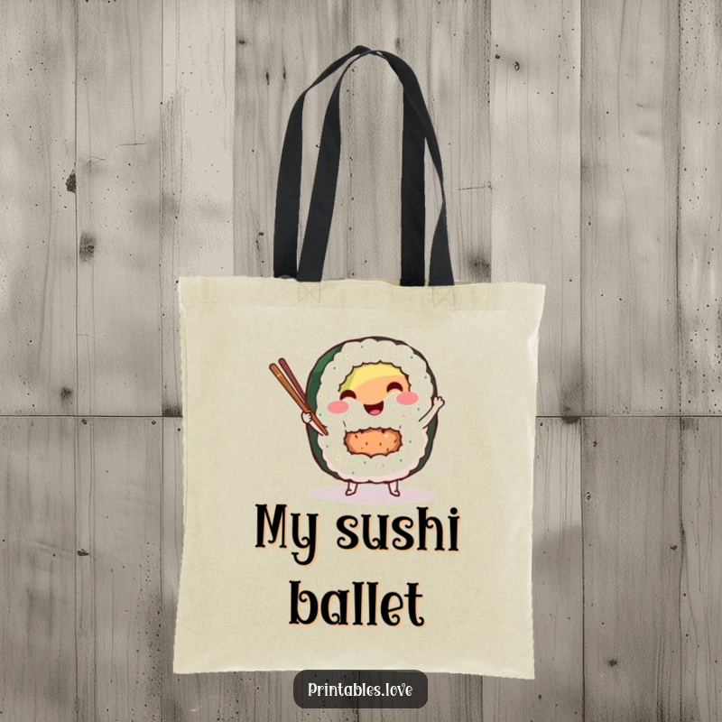 Funny sushi roll tote bag with a smiling character dancing with chopsticks, perfect for carrying essentials with a touch of culinary humor.