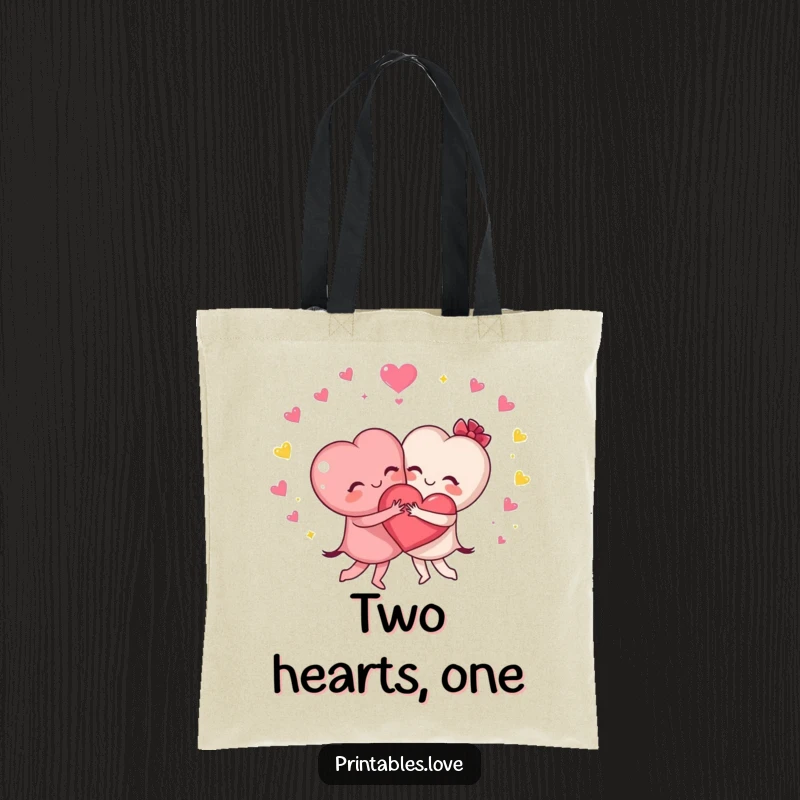 Funny tote bag showcasing two heart characters joyfully hugging with sparkles, perfect for carrying items with a message of love.
